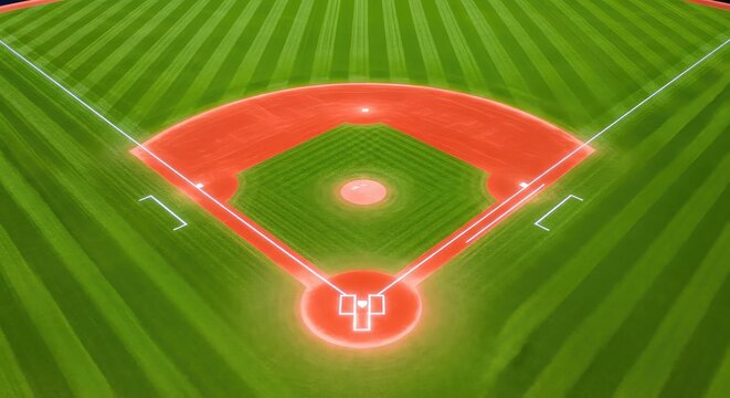 A high-angle aerial view of a professional baseball diamond featuring vibrant green grass, red dirt paths, and symmetrical white lines, competition, aerial, overhead