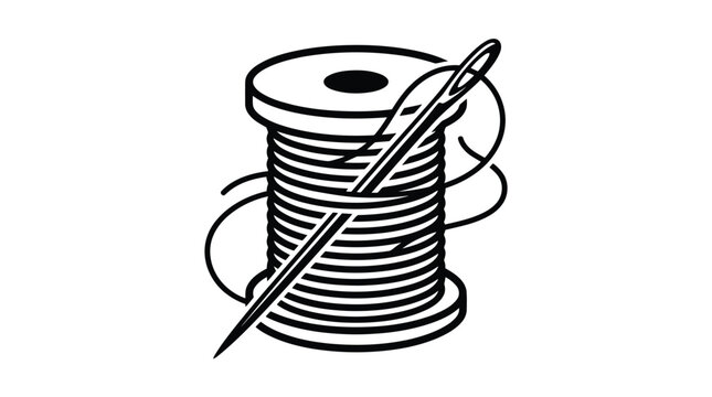 A simple black and white illustration of a spool of thread with a needle
