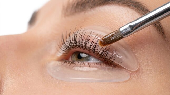Eyelash lift procedure using a silicone pad and brush on a female eye, professional lash lamination treatment in a beauty salon, cosmetic eye care service