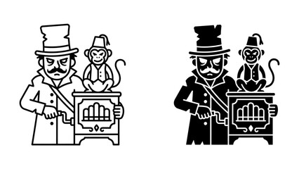 Organ Grinder and Monkey Duo: A stylized illustration depicts a classic organ grinder in a top hat and coat, accompanied by a small monkey sitting atop a music box, ready to perform. © mdmv9