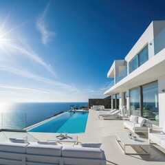 Obraz premium A stunning luxury villa with a private infinity pool overlooking the deep blue sea, featuring modern white architecture and a sunny terrace, resort, relaxation, property