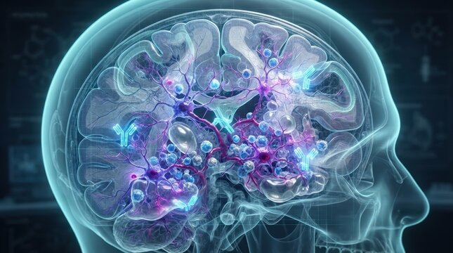 3D medical illustration of a cortex slice with APOE4-linked glial reactivity, perivascular immune cells, and edema around capillaries, shown with glowing antibodies, MRI-style overlays, and a