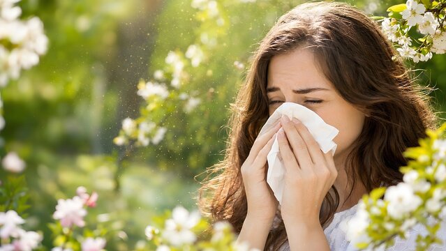Woman sneezing into tissue in blooming garden. Seasonal allergy symptoms with flying pollen grains. Healthcare concept for spring time hay fever relief. Suffering from rhinitis outdoors.