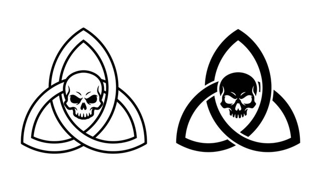 Skull in Trinity Knot Symbol: A graphic illustration featuring a skull incorporated into a traditional Celtic trinity knot symbol, presented in both outline and solid black design variations.