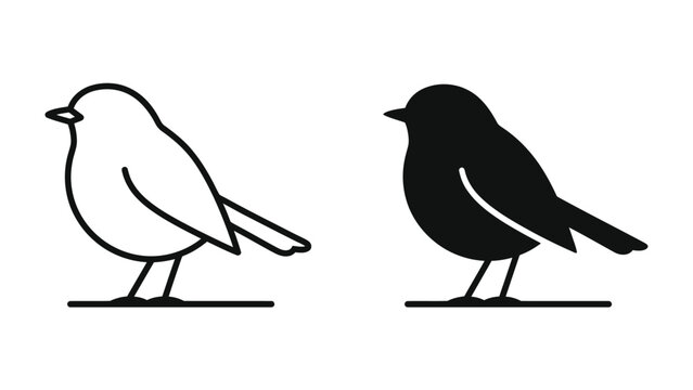 Two stylized bird icons, one outlined and the other silhouetted, standing on a line against a white backdrop, representing a simple avian graphic.