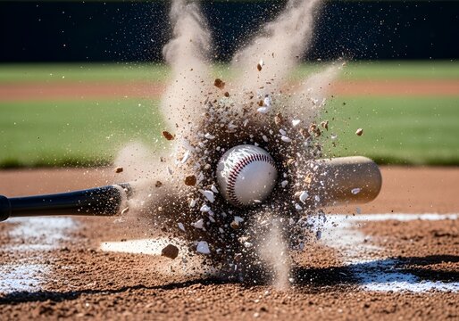 Baseball bat dramatically explodes a baseball upon impact, sending dirt and dust flying on a baseball field.