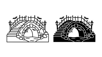 Spooky Stone Bridge Duo: A mysterious stone bridge, complete with archways, lanterns, and bats, is depicted in both outline and silhouette for a striking graphic representation. © Mdhd
