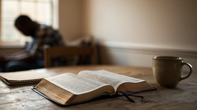 Open Bible on Wooden Table with Coffee Mug in Calm Home Setting, Adult Reflecting by Window, Copy Space