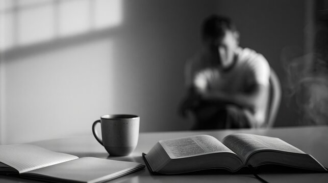 Open Bible, Notebook, and Coffee Cup on Kitchen Table with Contemplative Adult in Morning Light
