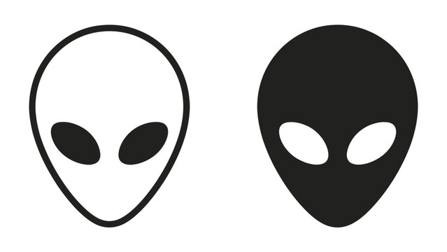 Alien Head Icon Pair: A graphic representation of two alien heads, one in outline and the other filled, presented side-by-side for a modern and minimalist aesthetic.