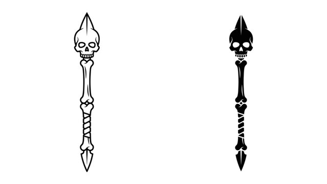 Macabre Staffs: Two skeletal staffs, one in black and white outline and the other filled in black, feature bone construction with a skull as the finial, evoking a dark fantasy or gothic theme.