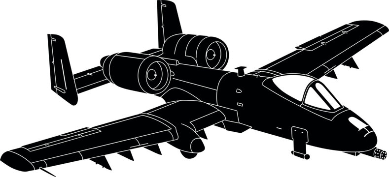 Military Attack Aircraft Silhouette Vector Illustration of an A10 Thunderbolt Warthog Jet Fighter Plane Isolated on White for Aviation Graphic Designs