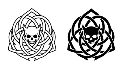 Celtic Knot Skull with Horns: A striking design featuring a skull with small horns, intricately woven into a Celtic knot pattern, presented in both black and white versions. © Md