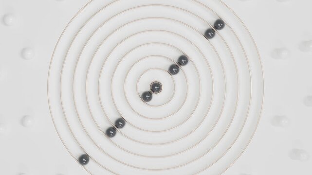 Clean white abstract environment with black spheres, metallic gold geometric forms and minimalist 3D motion graphics, luxury seamless animation, modern digital background