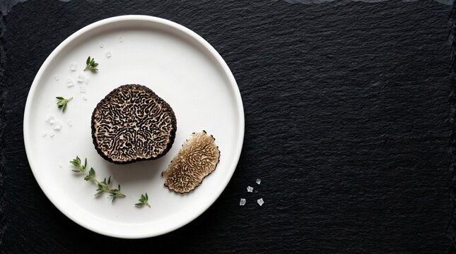 Trufa negra en plato blanco con sal y tomillo sobre fondo de pizarra