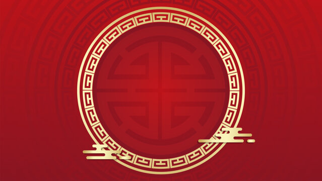 Luxury Red Chinese Banner Background with Golden Greek Key Circle, Longevity Symbol and Cloud Elements for Festive Design