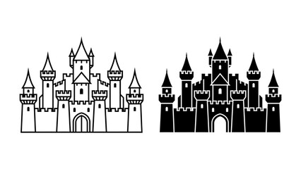 Fototapeta premium Castle Silhouette Duo: A detailed illustration featuring two iconic castle silhouettes, one in outline and the other in solid black, representing timeless architecture and fantasy.