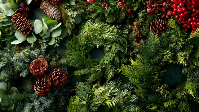 Assorted Christmas wreaths and evergreen branches displayed in a festive composition with pine cones and red berries. Ai generated