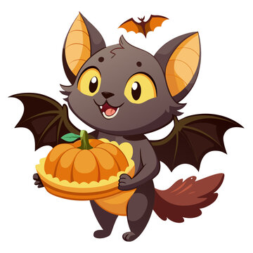 Cute cartoon bat holding a pumpkin pie