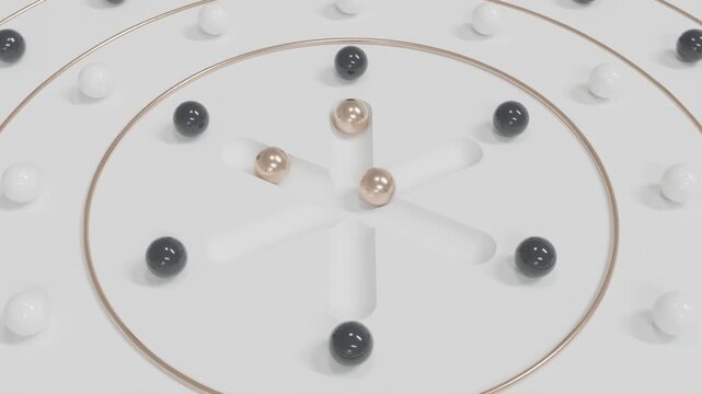 Abstract luxury 3D scene with golden spheres, black and white objects and minimal white background, elegant futuristic motion design, seamless animation for premium creative content