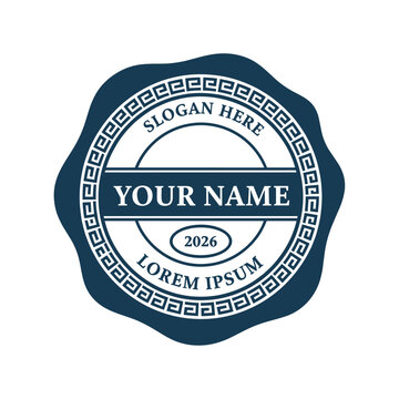 Classic notary wax seal, wide oval with Greek key fret pattern border, midnight blue on white, featuring placeholder text and a date