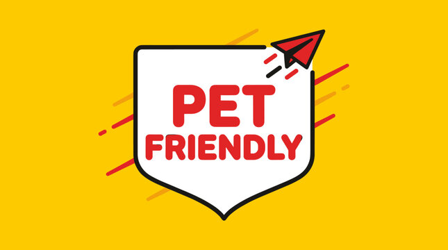 Flat vector marketing badge with a shield-like crest shape and "Pet Friendly" text, with a small paper plane icon on a yellow background, perfect for service industries, hotels, or stores
