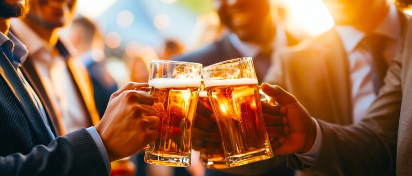 People toast with beer mugs at a lively gathering. 64k 8k widescreen, HDR,