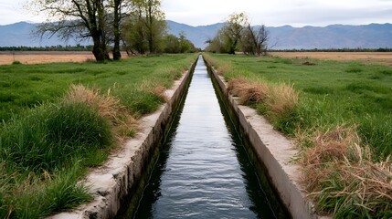 Fototapeta premium Straight concrete irrigation canal flows through green grassy fields with distant mountains under an overcast sky