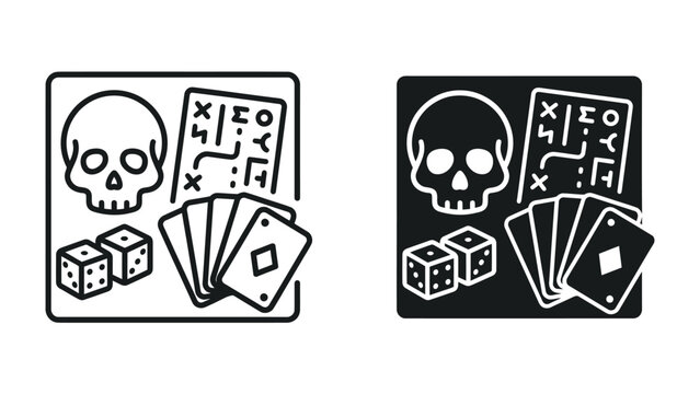 Skull and Dice Game Icon: A morbidly intriguing icon set featuring a skull, dice, playing cards, and a cryptic map, evoking themes of chance, fate, and macabre adventure.