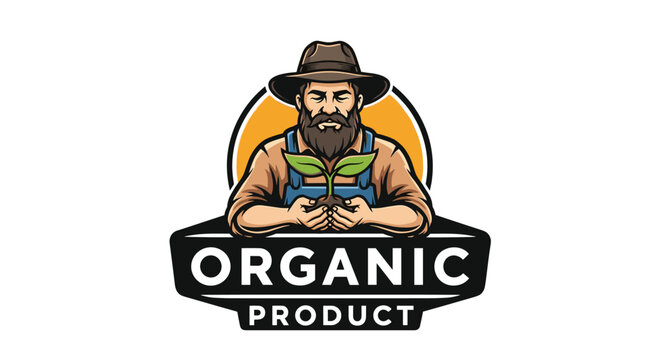 Organic product badge logo template featuring a bearded farmer character in a hat holding a young green sprout.