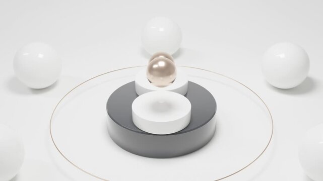 Modern abstract white background with black and white podium and golden balls geometric composition, elegant 3D motion graphics, seamless luxury animation, premium digital visual design
