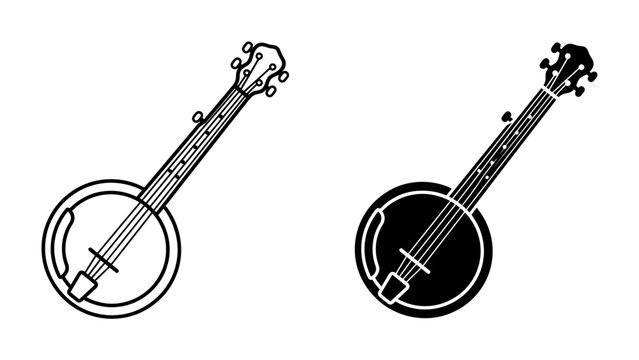 Banjo Icon Set: Two banjo icons, one outlined and one filled, presented side-by-side on a white background, ideal for music-related graphic design.