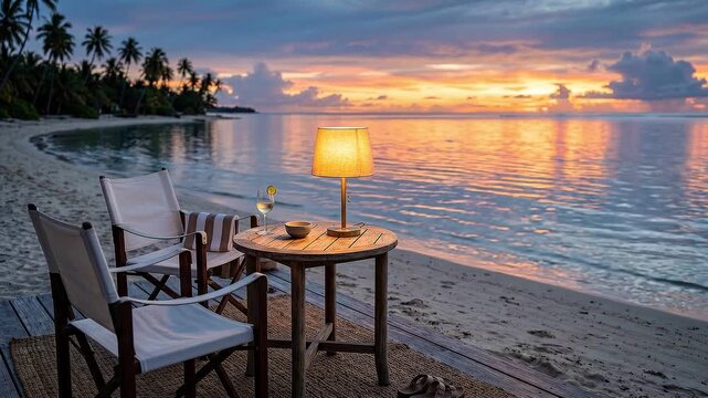 Slow pan across beachside table with glowing lamp and two chairs overlooking calm tropical lagoon at sunset on sandy palm lined shore