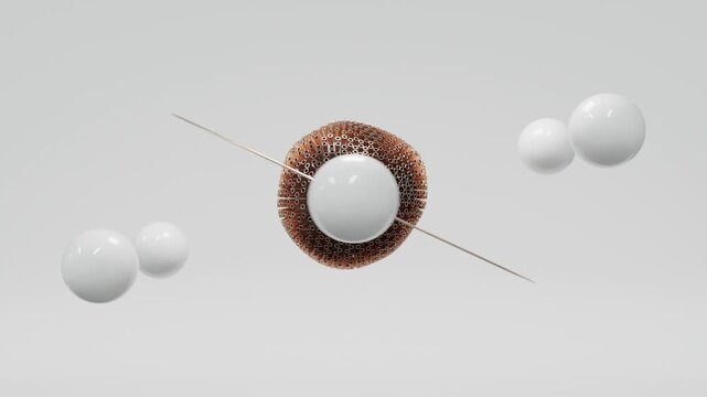 Premium abstract geometric motion design with black central sphere, golden decorative elements and white background, elegant minimal 3D animation, seamless futuristic visual composition