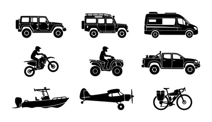 Diverse Vehicle Collection: Off-road SUVs, Motorcycle, ATV, Pickup Truck, Speedboat, Biplane, Bicycle Icons. Set of 9 Black Silhouettes for Transport and Adventure Graphics. © Rifat