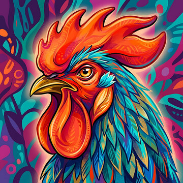 Colorful pixel art rooster head portrait