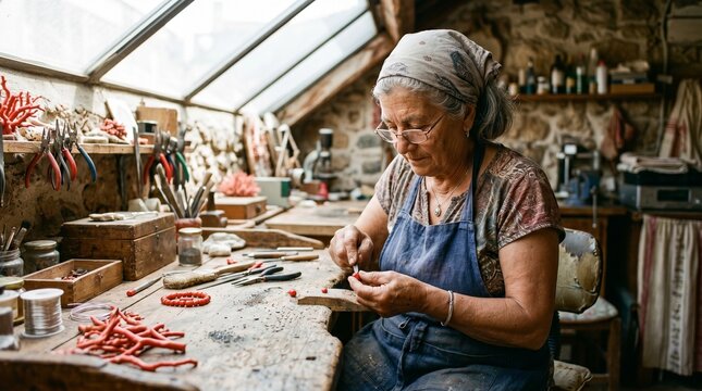 Sardinian Coral Jeweler Hand Carving Red Coral Beads in Artisan Workshop