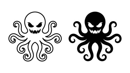 Scary Octopus Icon: A graphic illustration of a menacing octopus in both outline and solid black, featuring glowing eyes and a wide, sharp-toothed grin, symbolizing fear or a formidable presence. © mdmv9