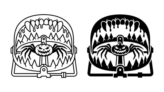 Spooky Spider Trap: A frightening depiction of a bear trap transformed into a monstrous spider, ready to ensnare unsuspecting prey. Evokes a sense of Halloween fright and danger.