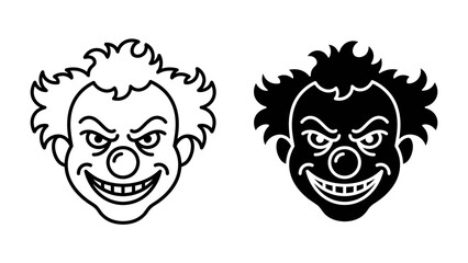 Sinister Clown Faces: A striking duo featuring two stylized clown faces, one in an outline and the other in silhouette, both with mischievous grins and unsettling expressions. © mdmv9