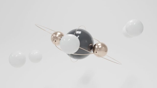 Futuristic abstract 3D animation with floating black sphere and metallic gold geometric objects on clean white background, minimal luxury composition, seamless motion graphics for modern presentations