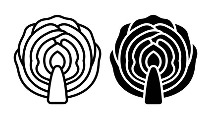 Cabbage Icon Duo: A striking graphic representation of a cabbage, presented in both outline and solid silhouette form, showcasing its layered structure and core. © Md