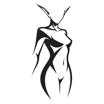 Female elf silhouette vector illustration with pointed ears and tribal line art for fantasy character design