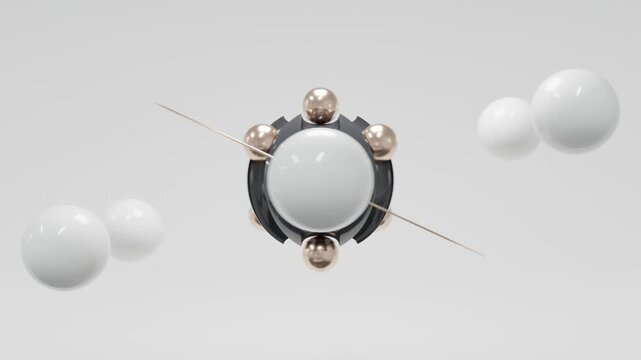 Minimal Abstract 3D Scene Featuring Black Central Sphere with Metallic Gold Accents on White Background, Luxury Motion Graphics, Seamless Contemporary Animation