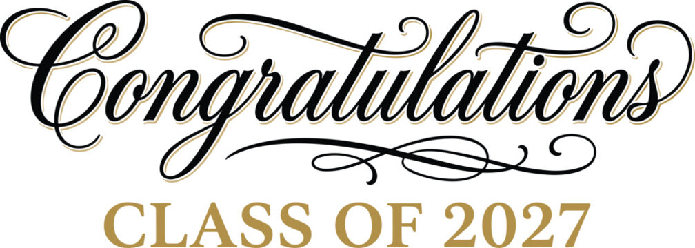 Elegant congratulations class of 2027 graduation typography design vector illustration with gold and black script calligraphy.