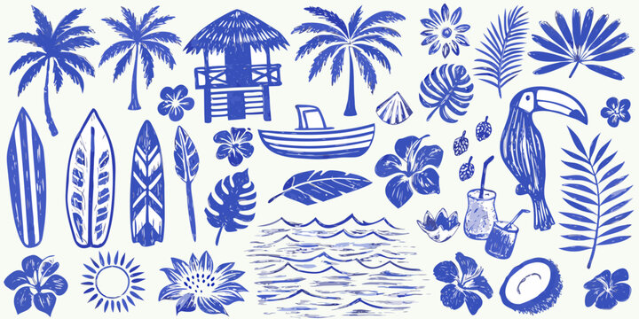 tropical elements detailed illustration in blue and white palm tree surfboard boat bird flower leaf sketch pattern beach summer vacation travel