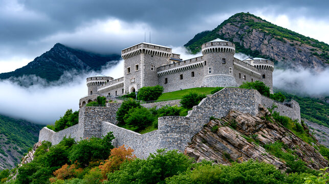 A formidable stone castle with turrets and battlements sits atop a rocky mountain peak, partially shrouded in dramatic clouds.