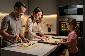 Fototapeta premium Family baking Zeljanica, phyllo pastry with spinach cheese filling in modern kitchen with stainless steel appliances, enjoying quality time together. Concept of family cooking activity.