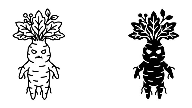 Mandragora Mystique: An eerie illustration depicts a mandragora root creature with a grumpy face, stylized as both a line drawing and a silhouette, evoking a sense of fantasy and folklore.