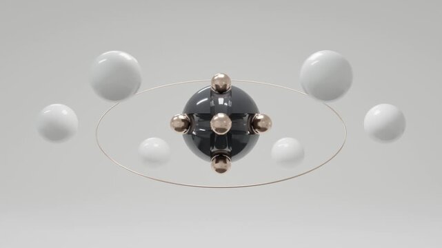 Floating Black Sphere Surrounded by Golden Balls on White Background, Elegant Abstract 3D Motion Graphics, Contemporary Luxury Design, Seamless Loop Animation
